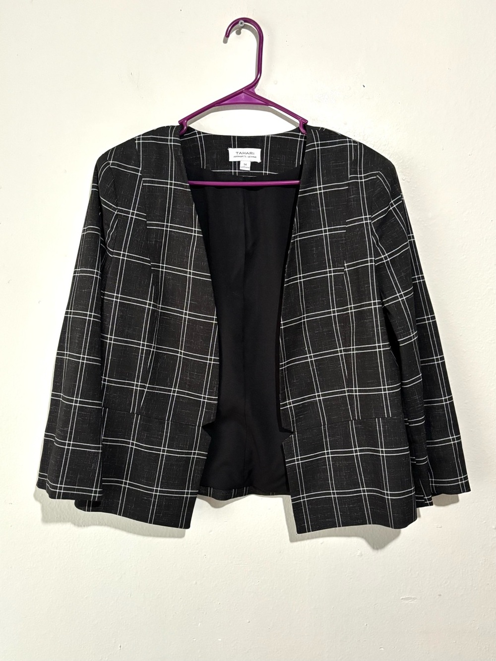 Tahari Black & White Windowpane Open Front Blazer Size 14 Career Work Office